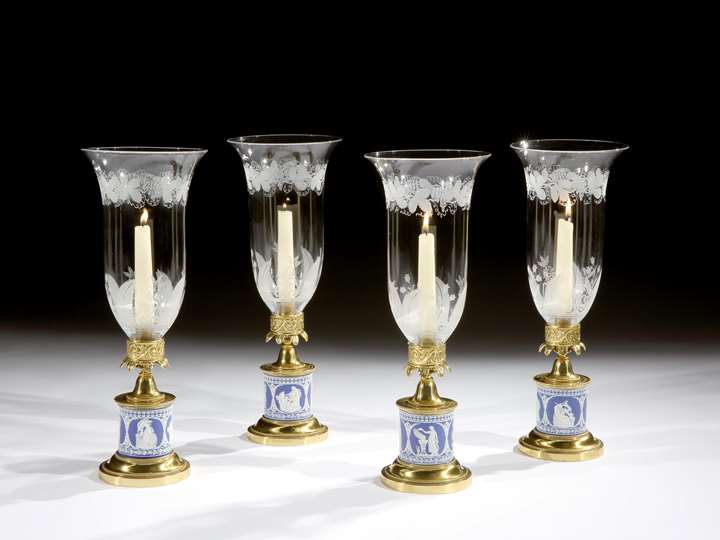 A set of four regency ormolu mounted wedgwood storm lights